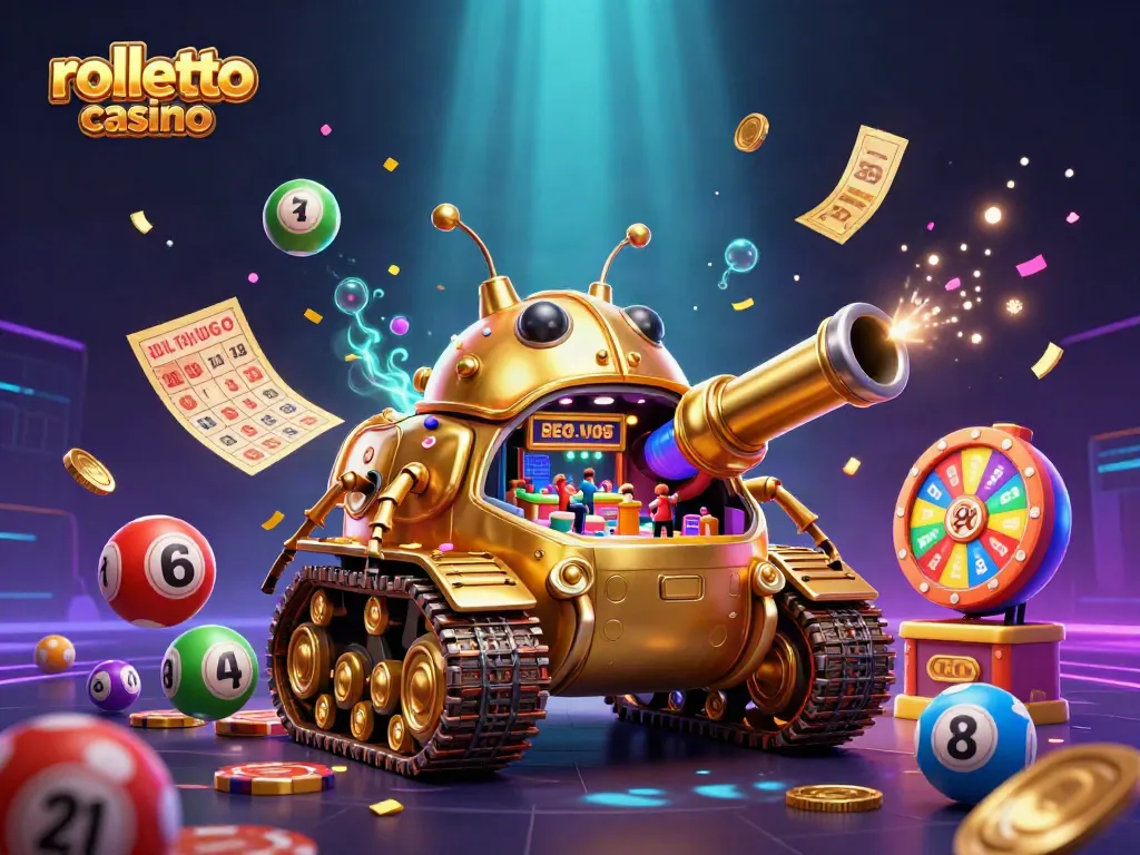 Experience Rolletto Casino through an engaging 3D illustration showcasing vibrant games and dynamic elements.