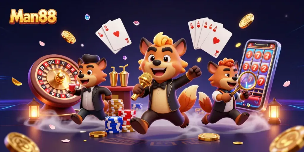 Engage with Man88's lively casino scene featuring cartoon hyenas and vibrant gambling elements.