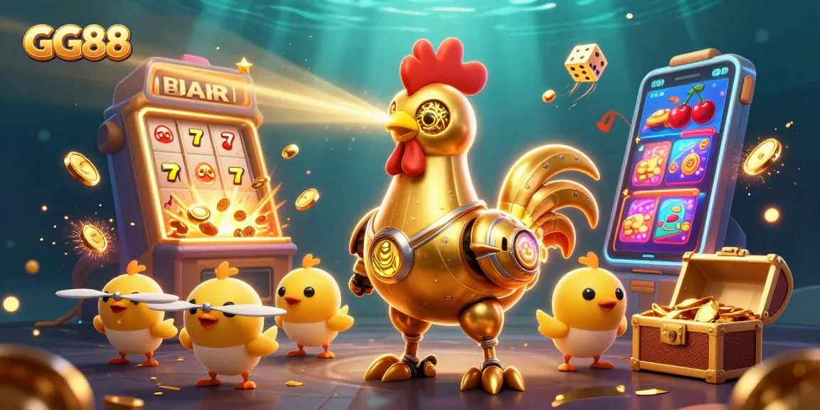 Experience GG88's vibrant casino action with a futuristic golden rooster robot and playful drones surrounded by slot machine excitement.