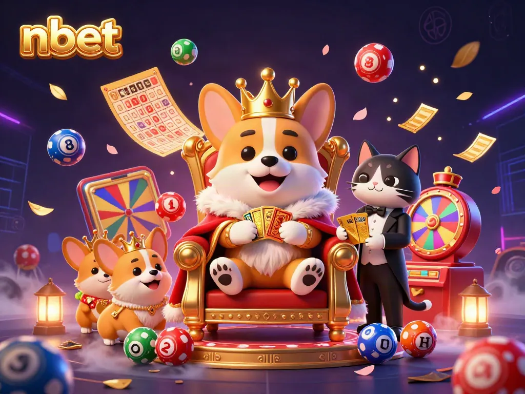 Experience the thrill of nbet with a royal corgi in a vibrant casino scene filled with lottery elements and winning cards.