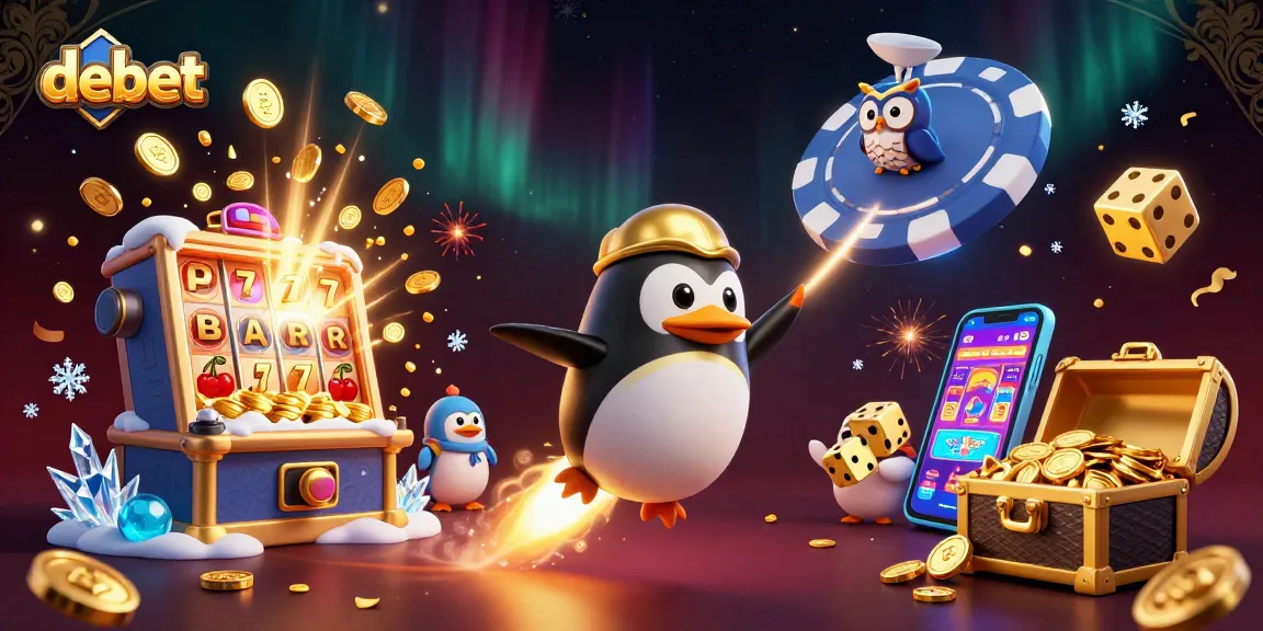 Experience the thrill of debet with a golden penguin soaring through a vibrant casino universe.