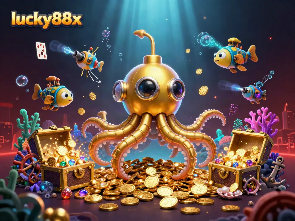 Experience thrilling slots and jackpots with lucky88x amidst golden coins and vibrant underwater elements.