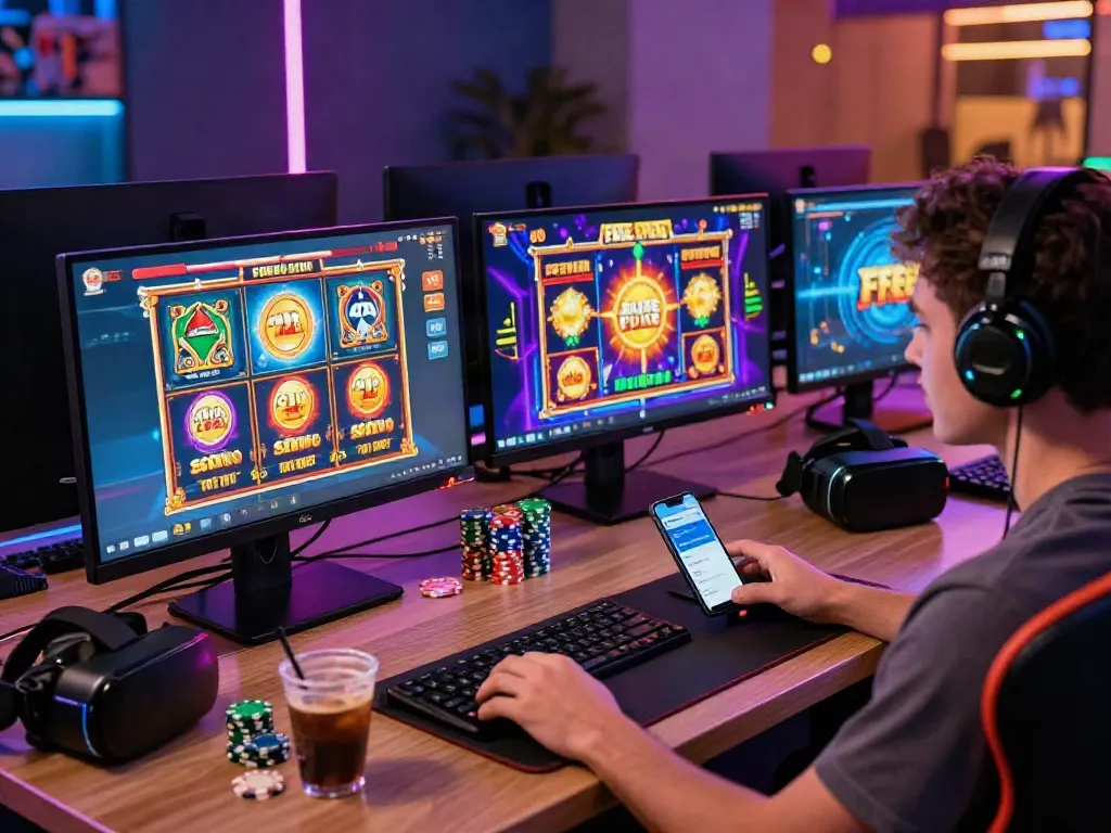 Exciting gamstop-friendly online casino gaming setup featuring multiple screens and vibrant visuals.