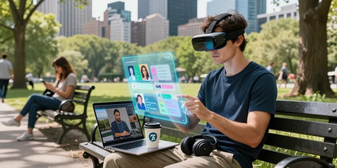 Person using AR glasses in a park, interacting with a holographic interface while engaging in social media.