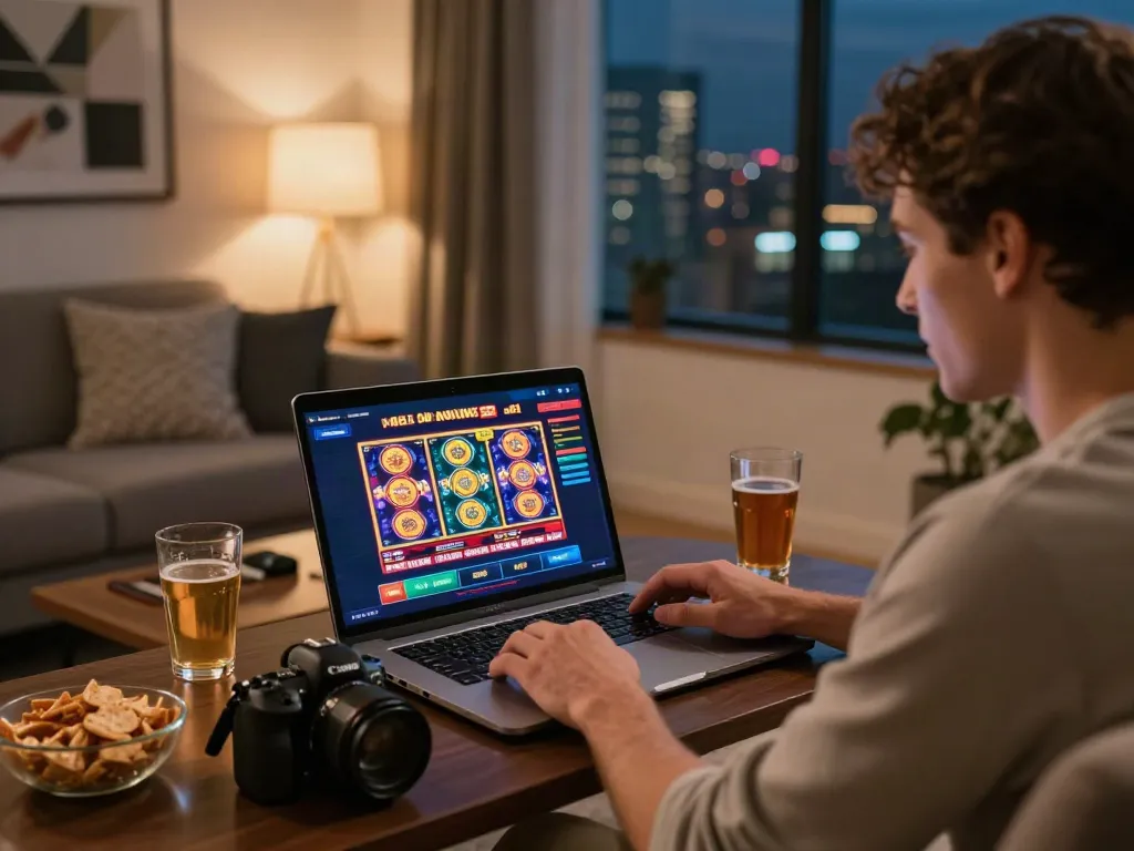 Exciting online casino not on GamStop gaming scene in a cozy living room with vibrant games on laptop.