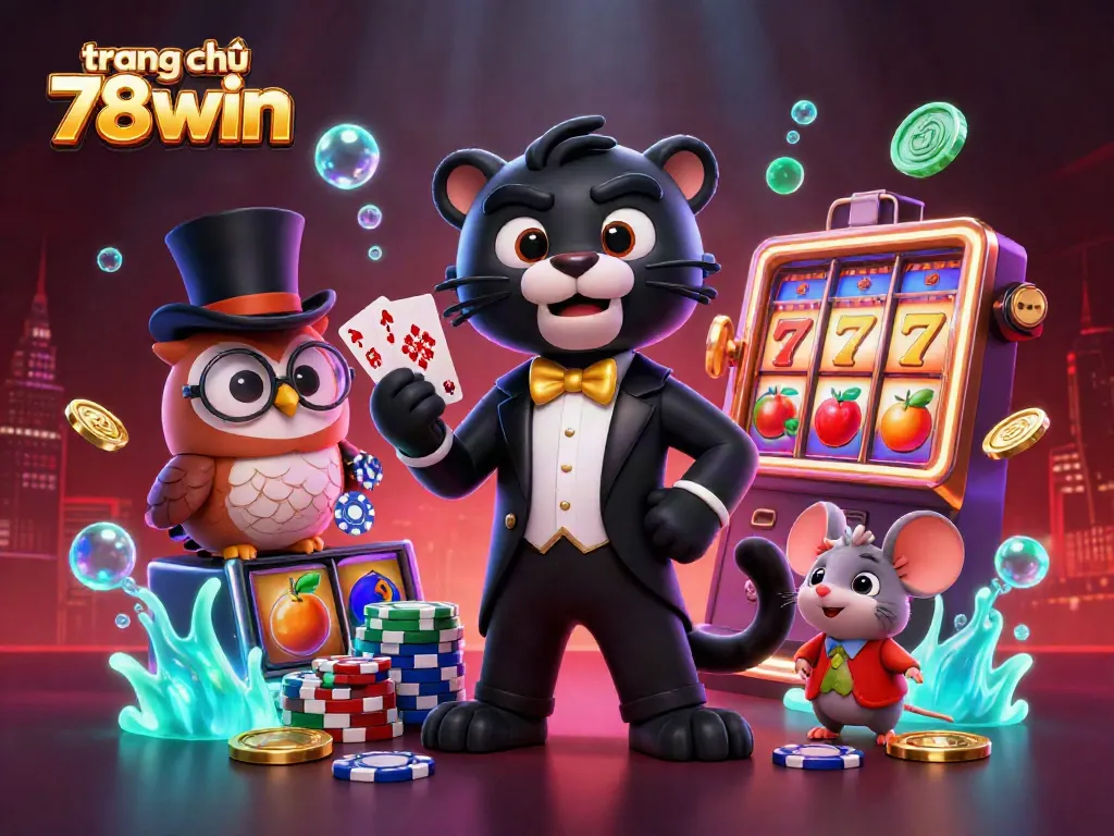 Engage with thrilling gameplay at trang chủ 78win, featuring a charismatic panther dealer amidst slots and poker chips.