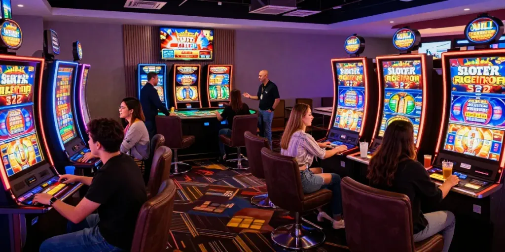 Group enjoying exciting gaming experience at casinos not on gamstop with vibrant slot machines and lively atmosphere.
