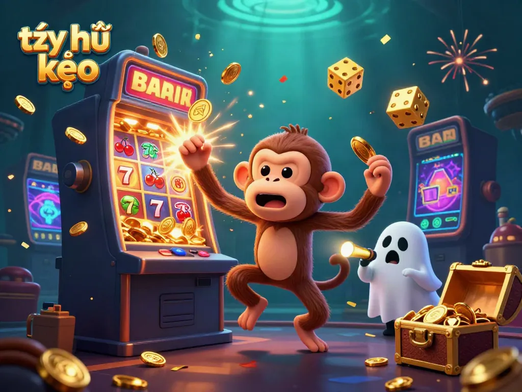 Experience the thrill of tỷ lệ kèo in a lively casino scene with a playful poltergeist monkey and golden treasures.