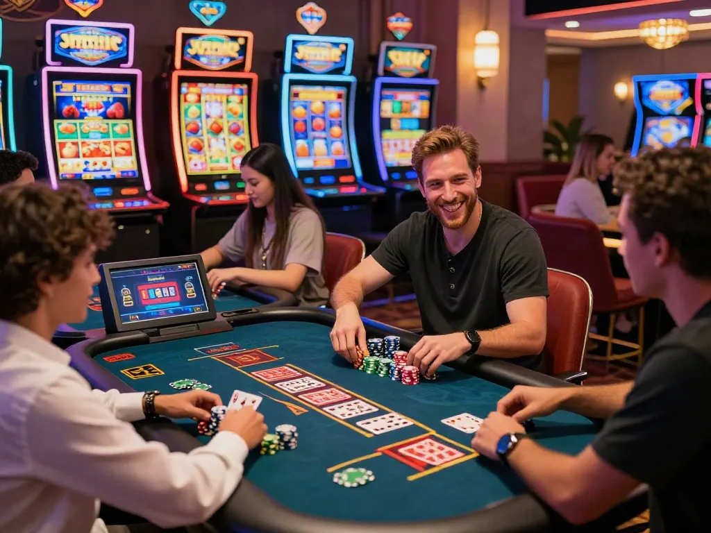 Exciting scene of players enjoying uk casinos with vibrant slot machines and games.