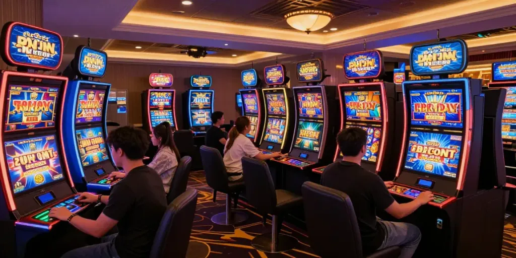 Engaging online gaming experience at UK casinos with diverse players enjoying vibrant slot machines and promotions.