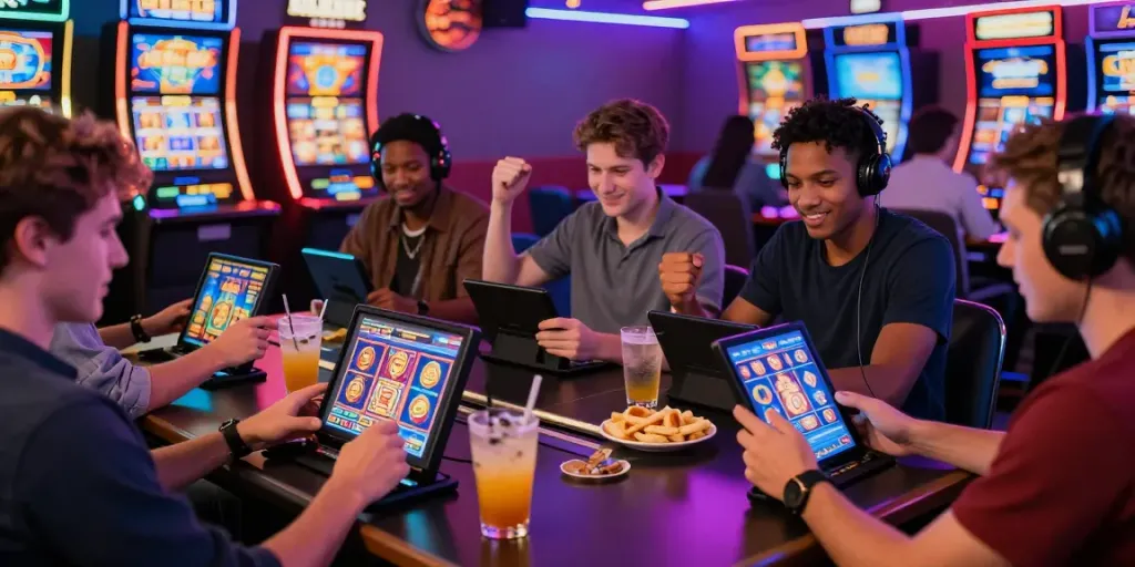 Mobile players enjoying dynamic gambling sites experience in vibrant casino lounge