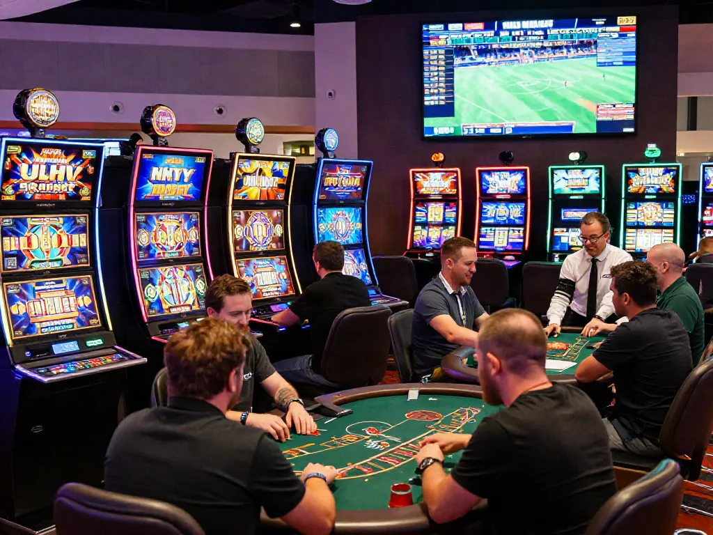 Exciting gameplay at uk casinos featuring players at slot machines and live dealer tables, showcasing vibrant gaming experiences.
