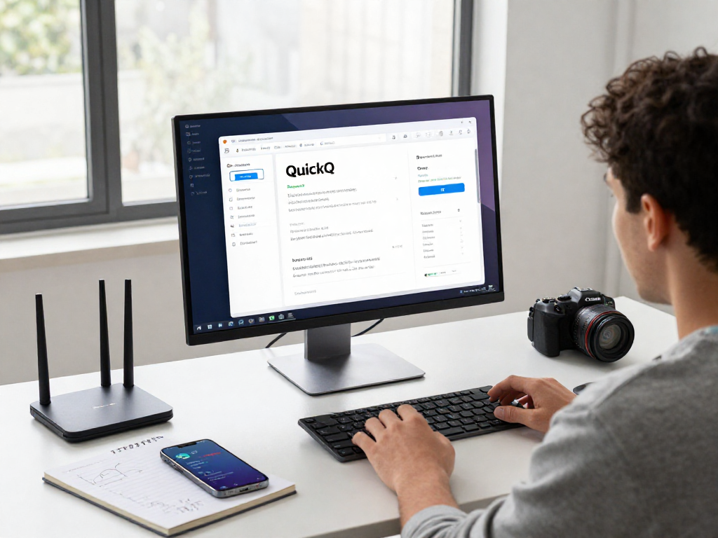 快速下载QuickQ官网界面，展示现代办公环境中智能网络加速工具的使用。