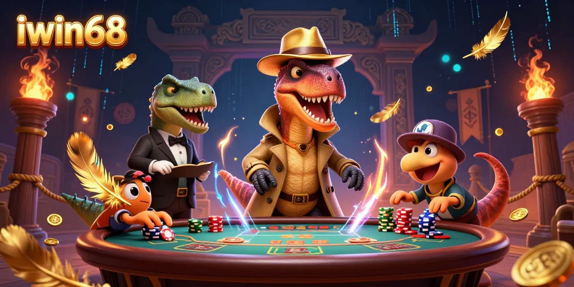 Iwin68 features a velociraptor at a blackjack table, surrounded by vibrant gambling elements, capturing action and excitement.