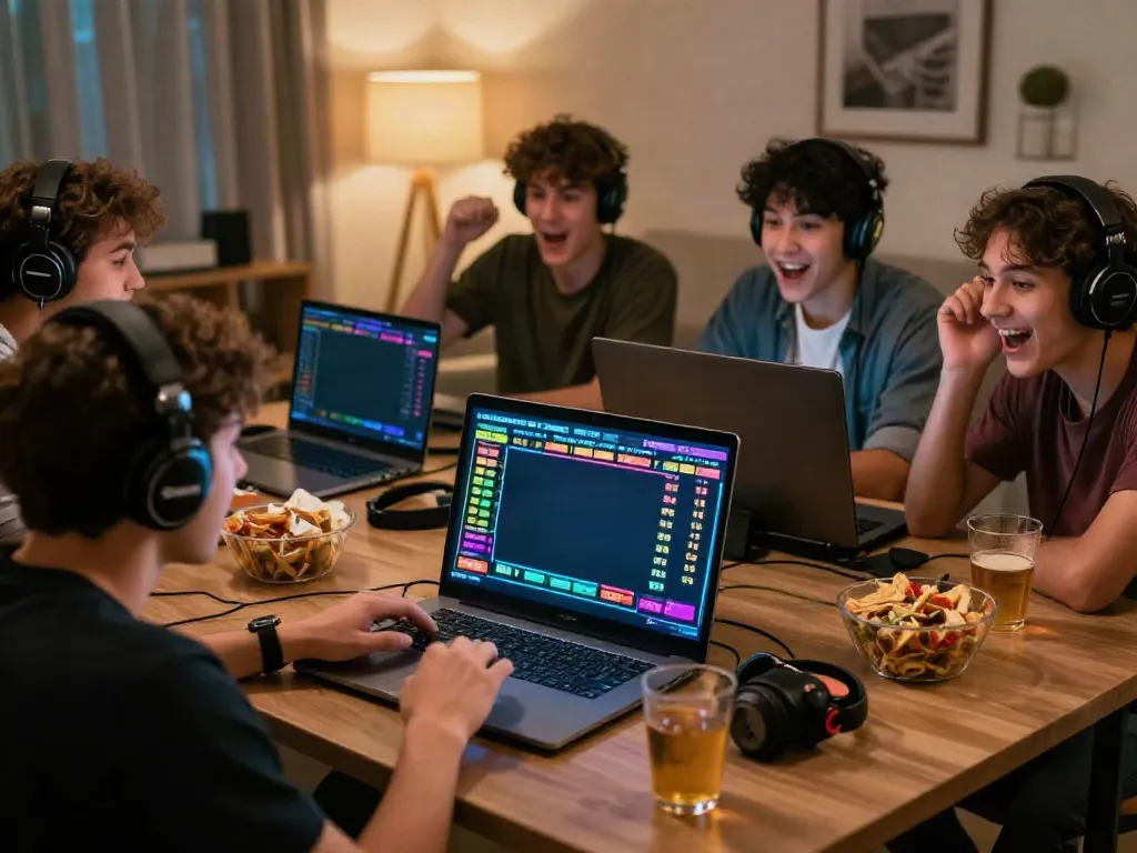 Friends enjoying online betting at https://zbet.cymru/ while watching live sports in a cozy atmosphere.
