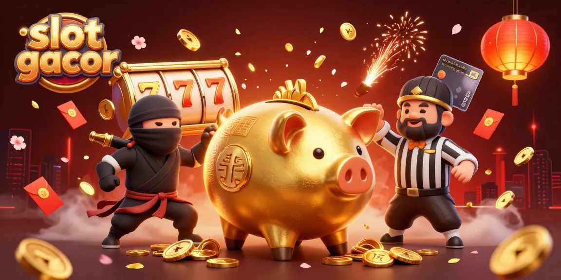 Win big with slot gacor action featuring a golden piggy bank wrestler and exciting game elements.