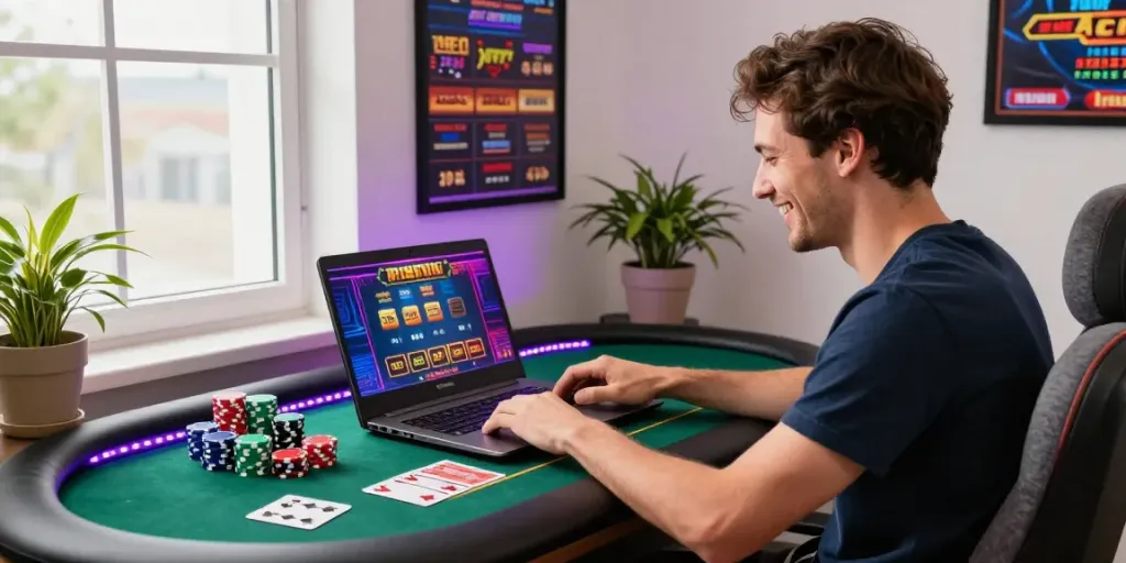 Exciting gambling sites setup with vibrant graphics on laptop, colorful chips, and cards.