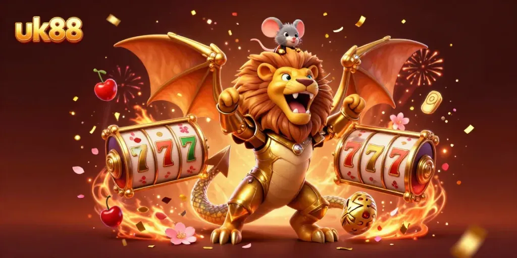 Engage in thrilling slots action at uk88, featuring an epic chimera and gold-themed casino elements.