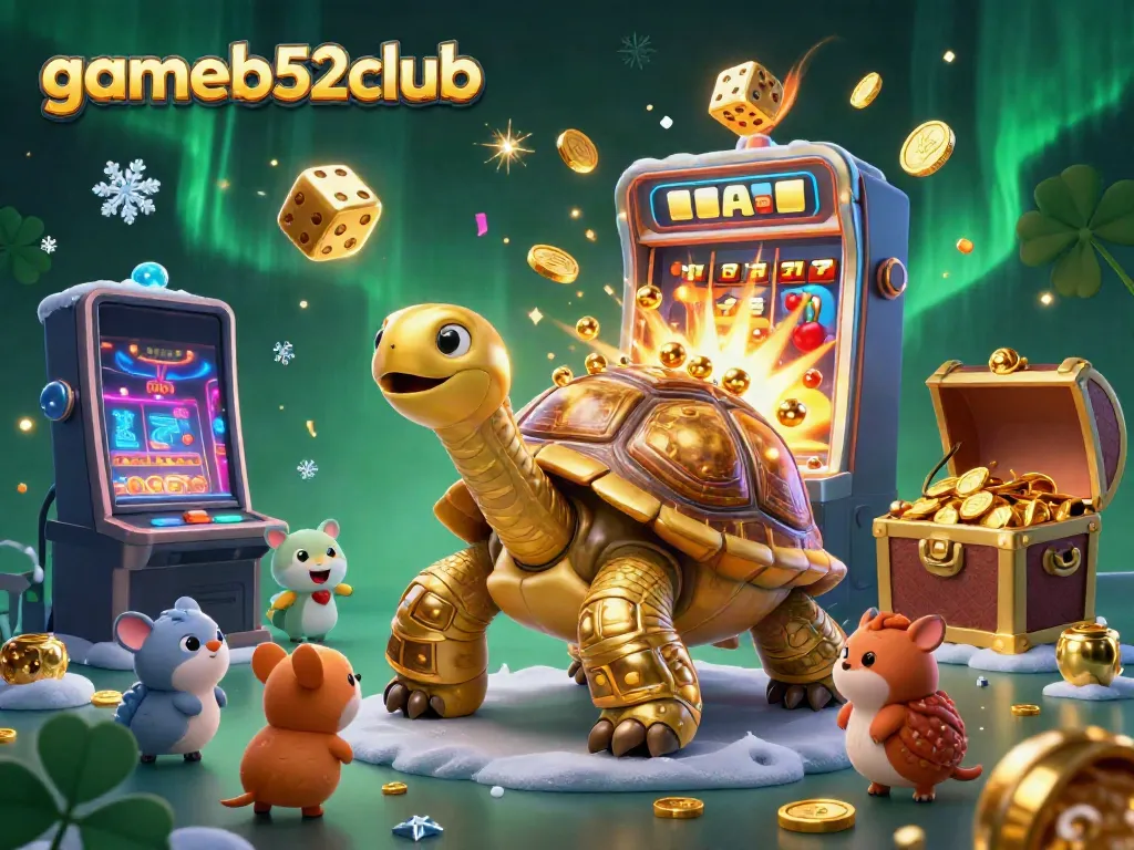 Play thrilling games at gameb52club with colorful slot machines, golden tortoise, and exciting casino action.