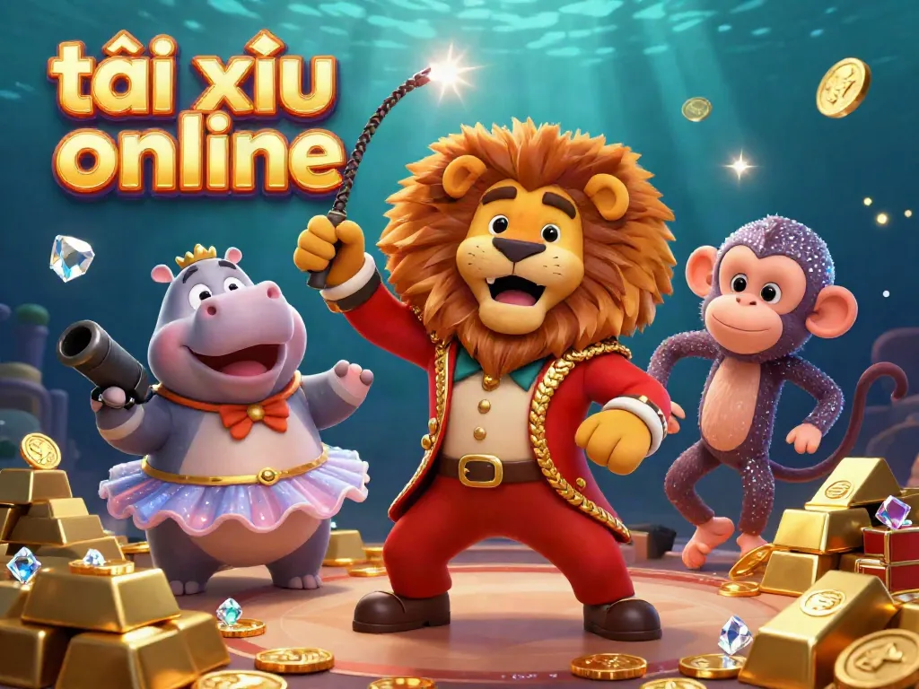 Engage in tài xỉu online gaming surrounded by jubilant characters and shimmering treasures.