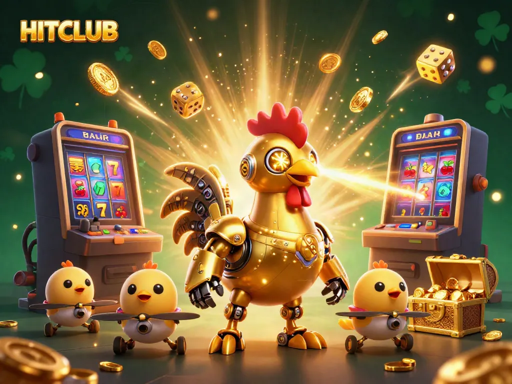 Engage with HITCLUB's vibrant gaming scene featuring a golden rooster robot and baby chicks amidst joyous winning symbols.