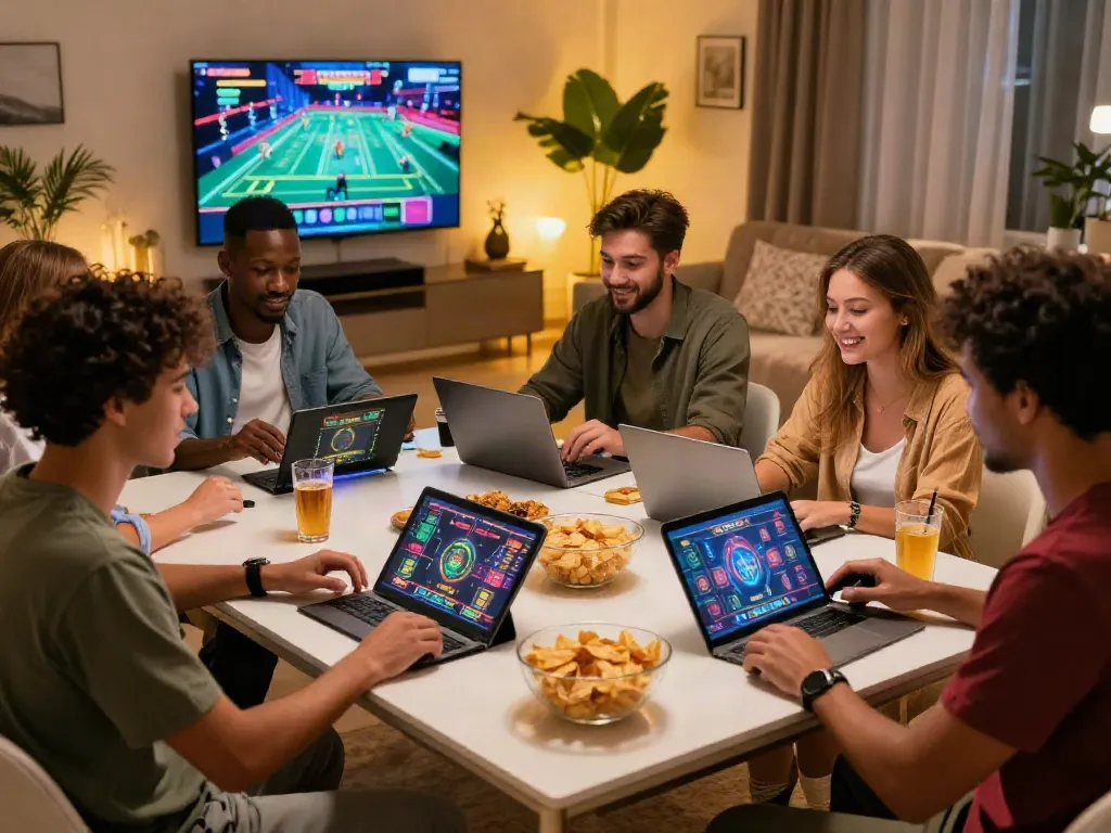 Friends enjoying online gaming at home, exploring uk casinos not on gamstop in an exciting social setting.