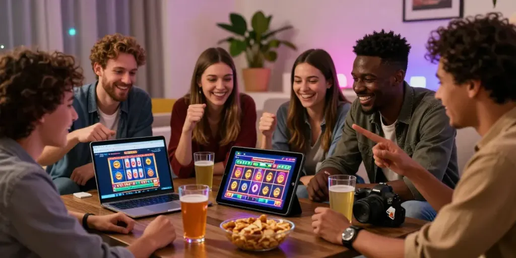 Friends enjoying an evening playing non GamStop casinos on a tablet, featuring vibrant games and snacks.