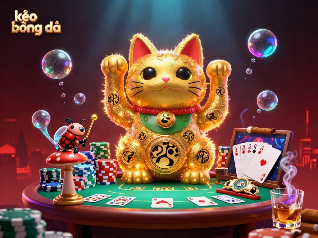 Engage with the exciting world of kèo bóng đá through a vibrant 3D casino scene featuring a golden lucky cat.