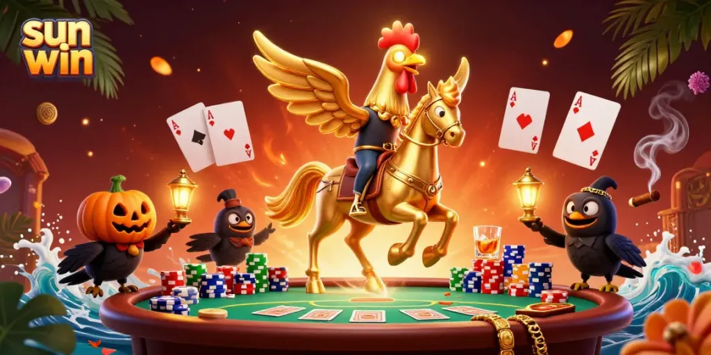Engage in thrilling gameplay at sun win, where golden rooster and spectral horse navigate an enchanting casino.