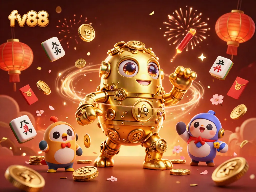 Experience fun gaming action with fv88’s vibrant golden golem and festive elements in this colorful illustration.