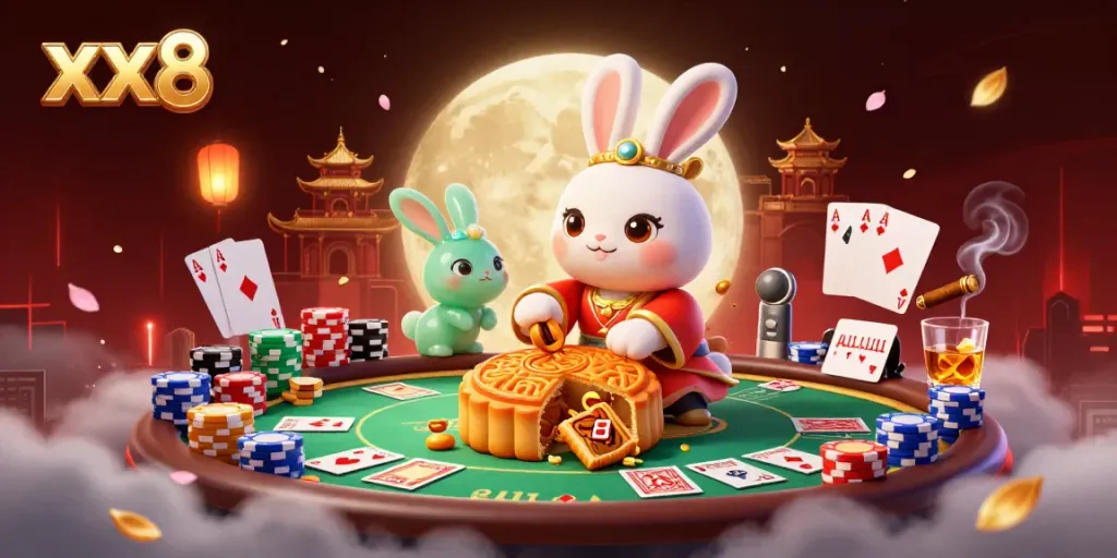 Experience the thrill of xx8 gambling with a fantasy-inspired moon scene featuring poker elements.