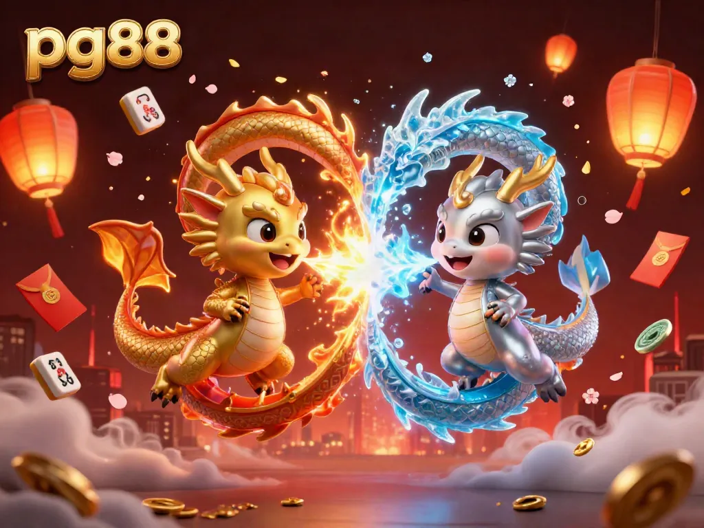 Experience dynamic gameplay at pg88 with mythical dragons creating a yin-yang effect amidst festive gaming elements.