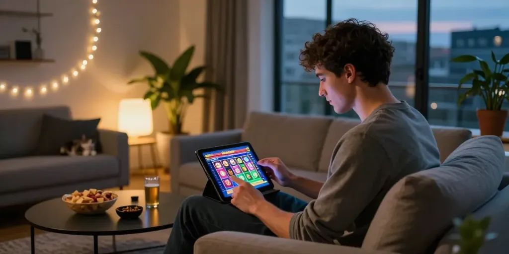 uk casino mobile gaming atmosphere with vibrant slot graphics and cozy living room setting