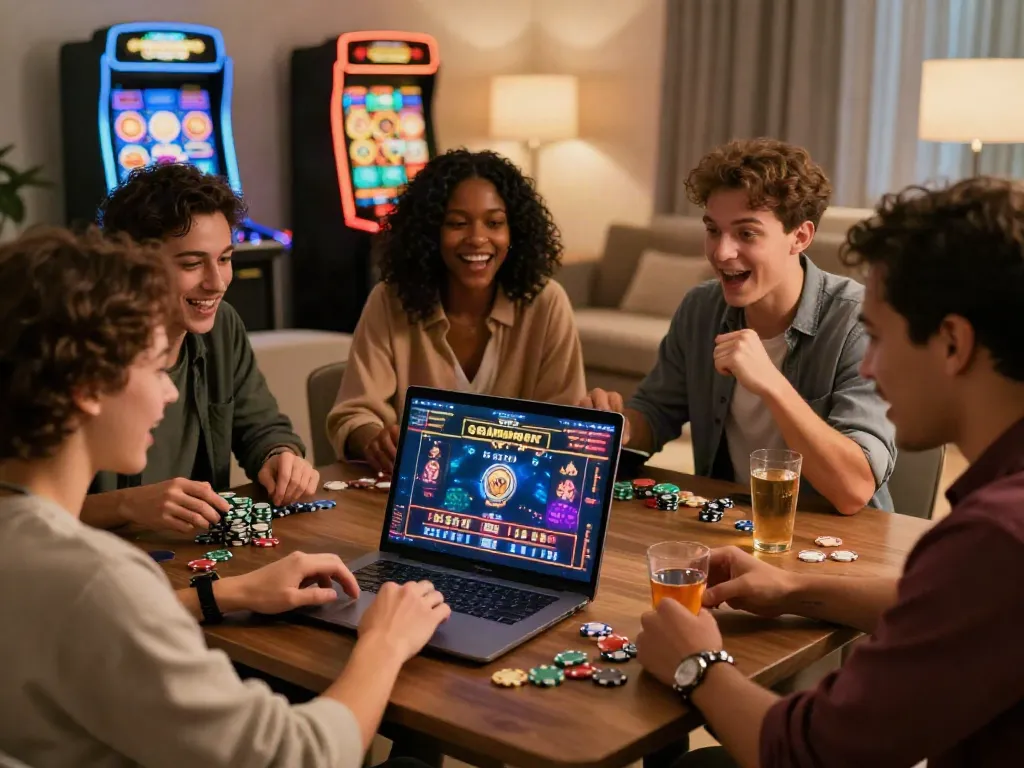 Group of friends enjoying non Gamstop casinos online in a cozy living room setting.