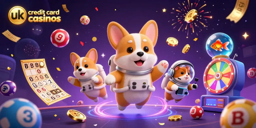 Experience the excitement of uk credit card casinos with a lively 3D illustration featuring floating characters and casino-themed elements.