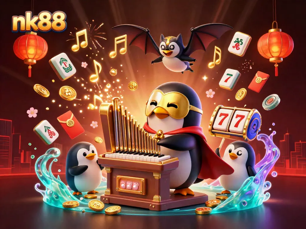 Experience the thrilling gameplay at nk88 with a vibrant casino scene featuring a phantom opera penguin.