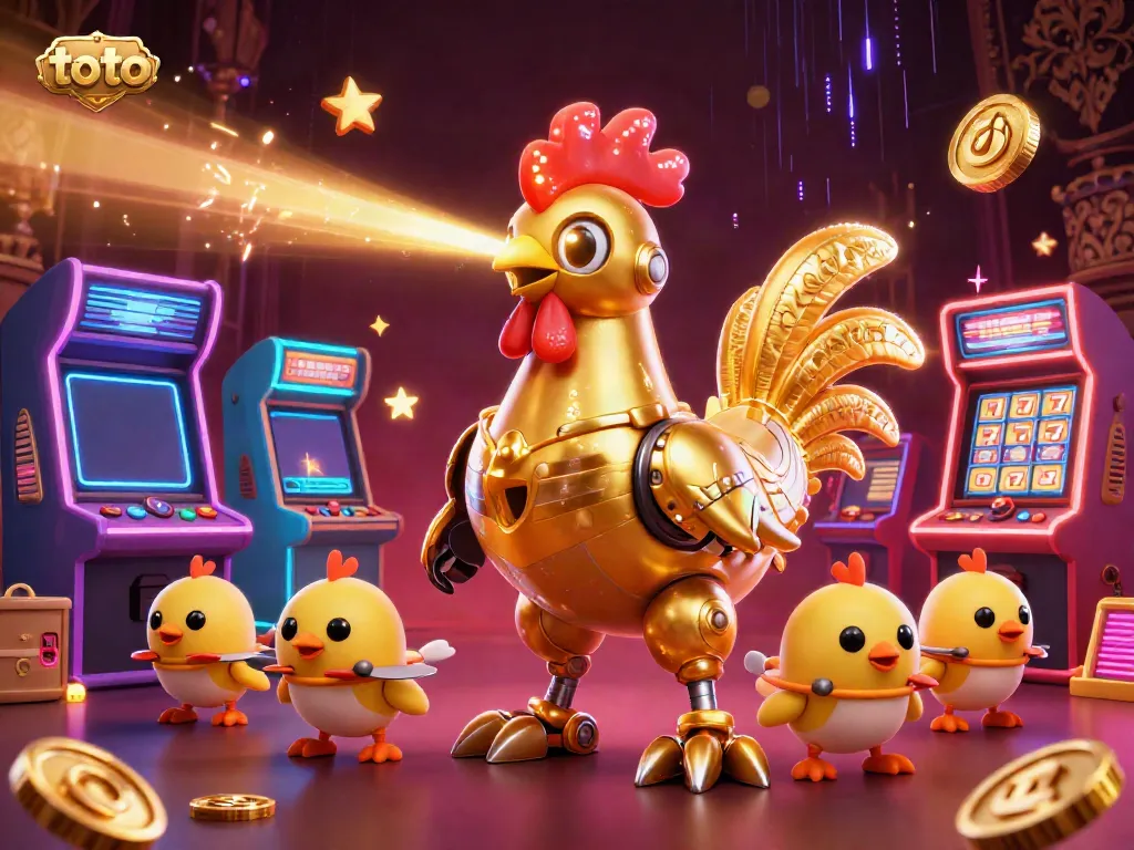 Engage with toto-themed slot machines and a futuristic golden rooster in a vibrant casino scene.