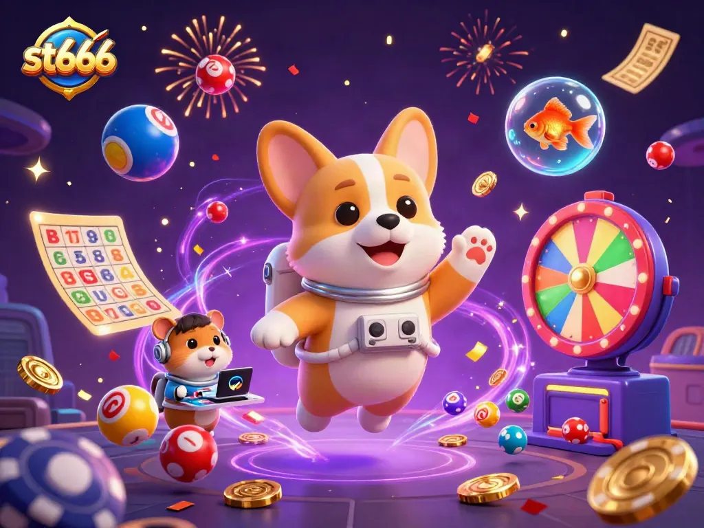 Experience the excitement of st666 with a whimsical space-themed casino illustration featuring unique characters and dynamic game elements.