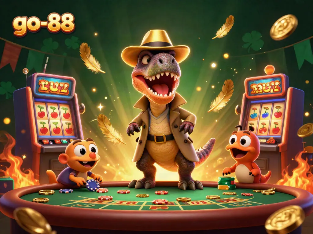 Experience the excitement of go-88 as a velociraptor plays blackjack at a bustling casino table.