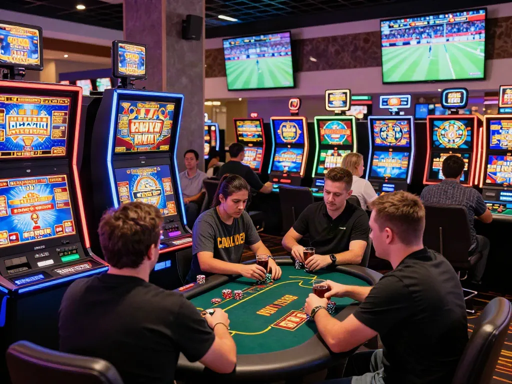 Players enjoying casinos not on gamstop with lively slot machines and colorful gaming atmosphere.