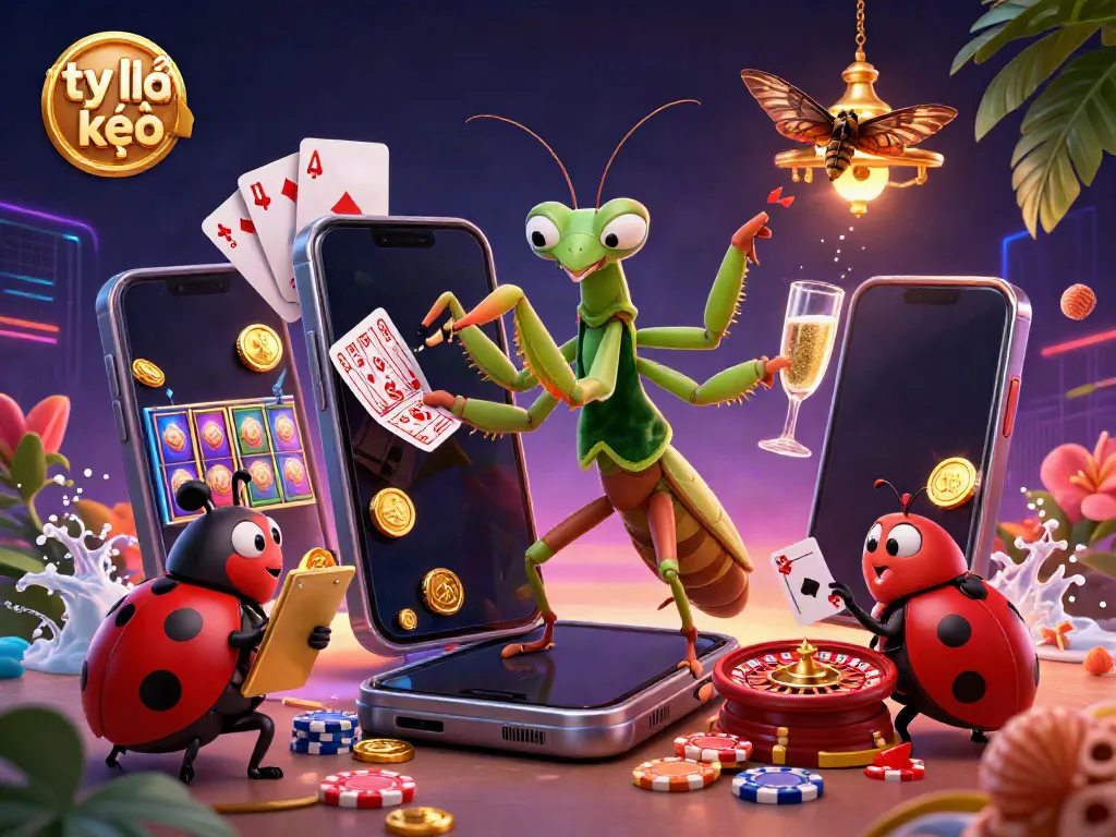 Engage with tỷ lệ kèo as a giant mantis card sharp elegantly handles chips and cards amidst a vibrant casino scene.
