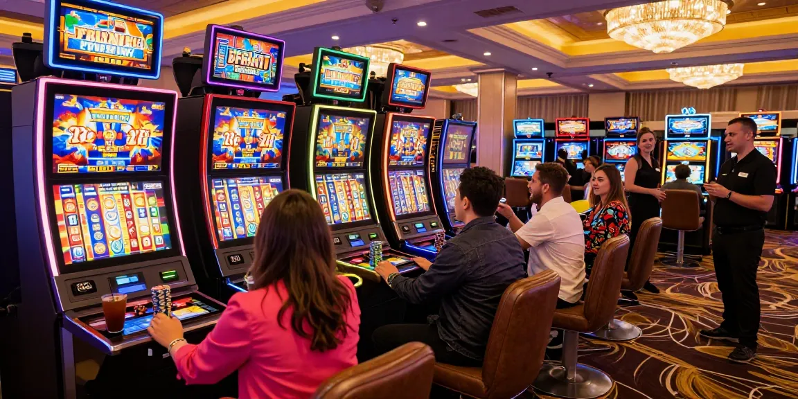 Situs slot deposit 10 ribu players enjoying vibrant slot machines in a lively casino atmosphere