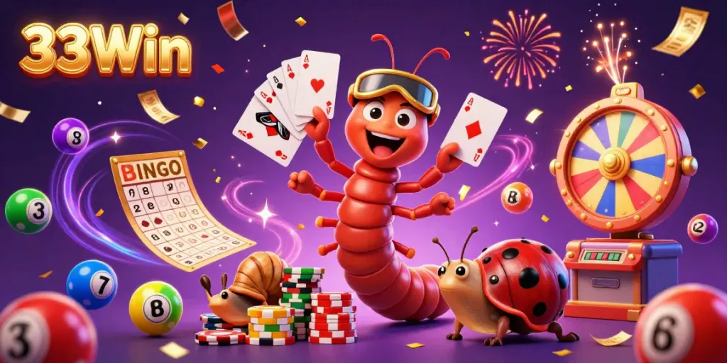 Experience the excitement of gambling at 33Win with vibrant colors, dynamic characters, and a lively casino environment.