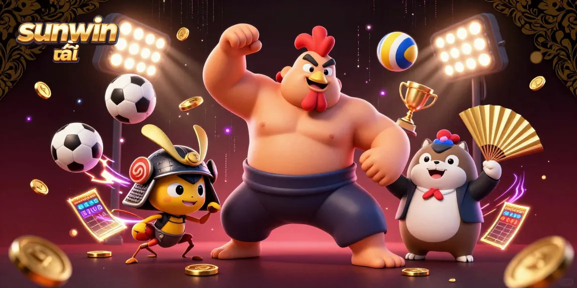 Experience the thrill of sunwin tải with an exciting 3D illustration of a sumo wrestler, samurai cricket, and announcer amidst dynamic sports elements!
