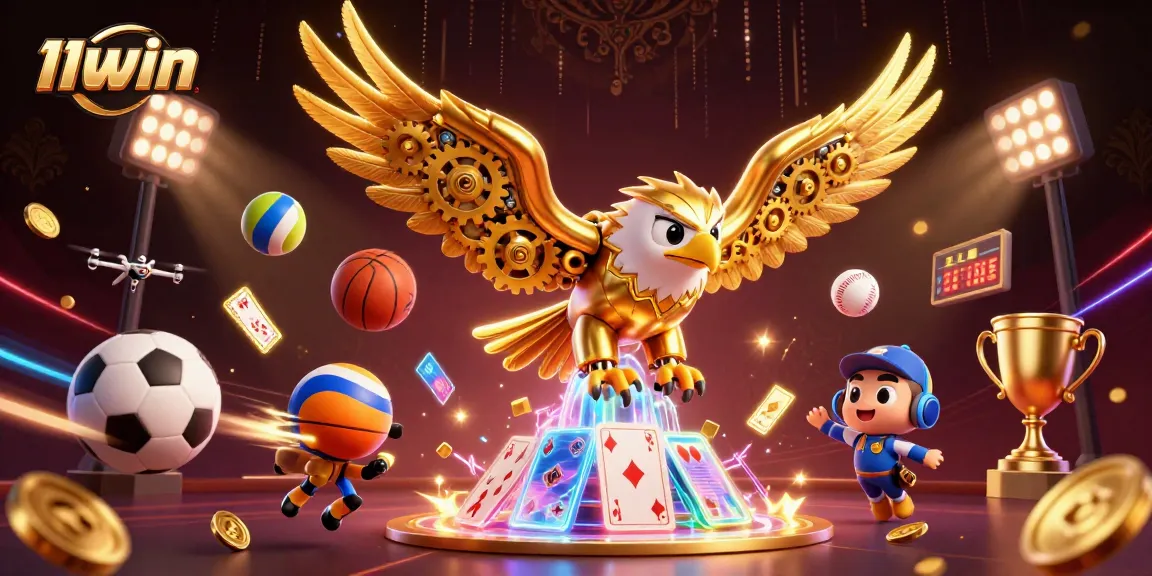 Experience thrilling gameplay with 11WIN as a golden eagle dives through holographic cards and sports elements.