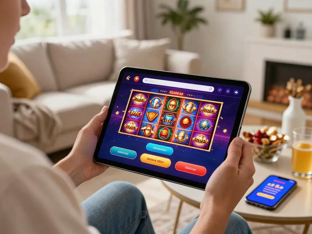 Exciting atmosphere of gambling sites not on gamstop showcased on a modern tablet in a cozy setting.