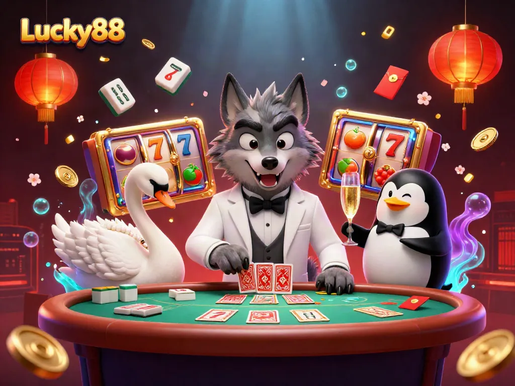 Engage with the vibrant Lucky88 casino scene featuring a charming wolf, elegant swan, and sophisticated penguin.