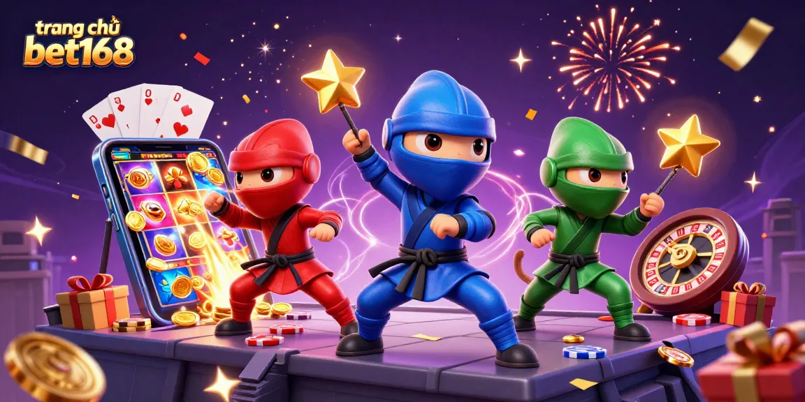 Experience the excitement of trang chủ bet168 with 3D chameleon ninjas in martial arts action amid casino elements.