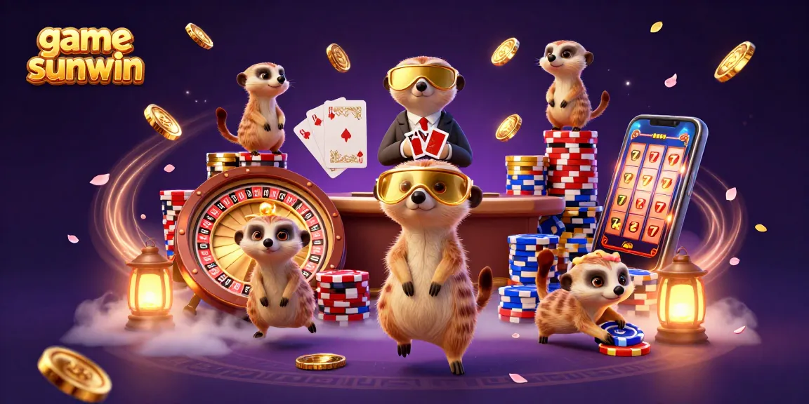 Engage with game sunwin as meerkats run a colorful casino, surrounded by shining coins and vibrant gems.