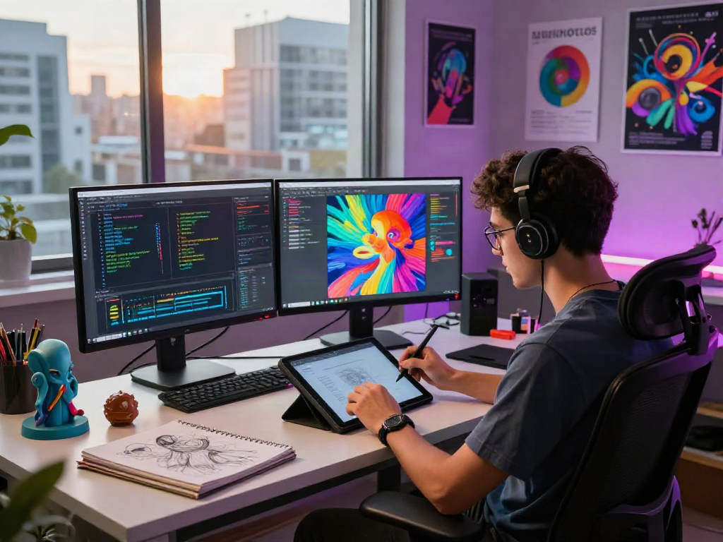 Creative workspace showing artist generating nsfw ai art with modern tools